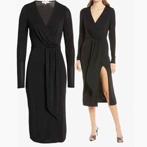 Good American Black Long Sleeve Faux Wrap Slit Dress NWT